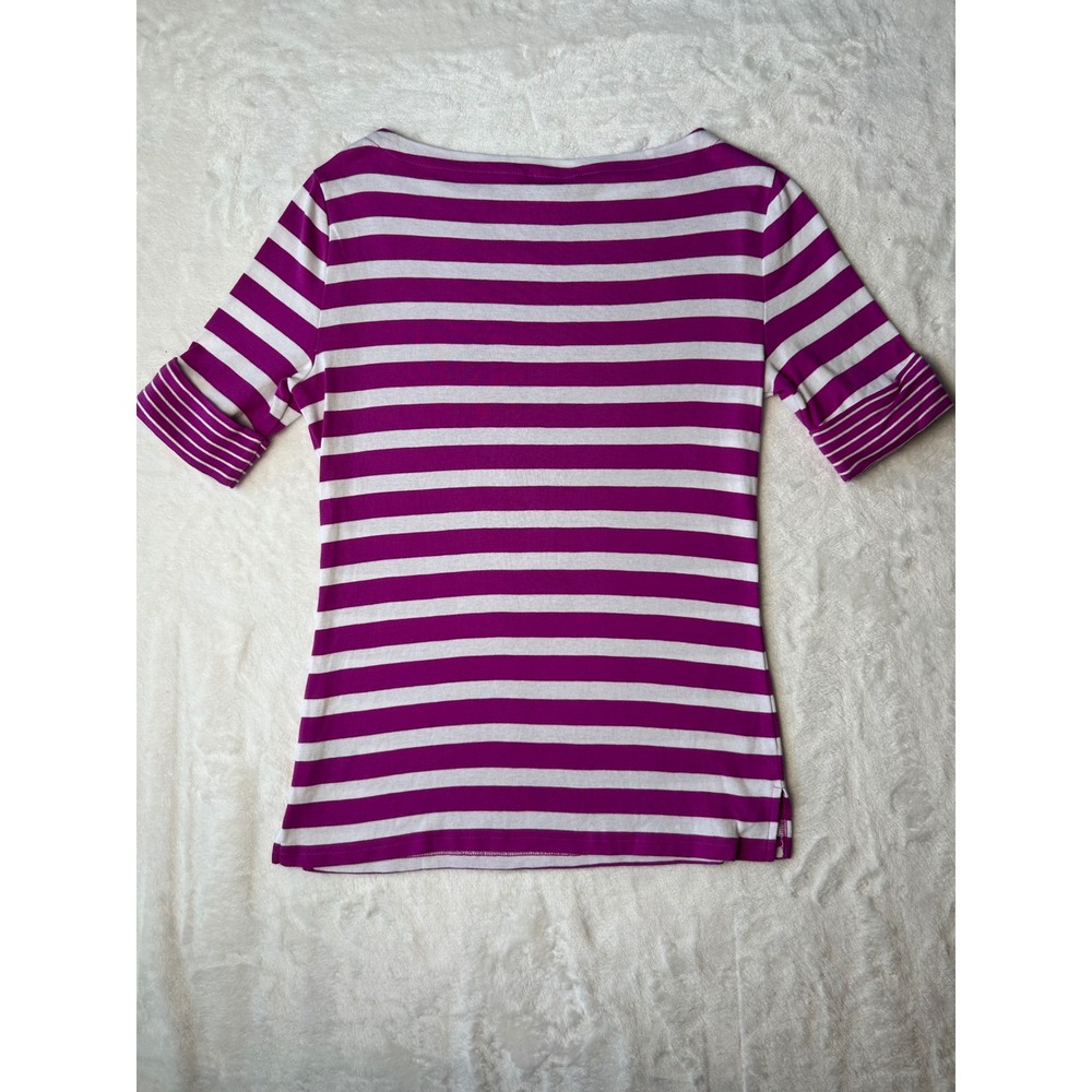 Lauren Ralph Lauren Magenta Pink White Striped Boat Neck Top Short Sleeve Medium - Picture 2 of 5